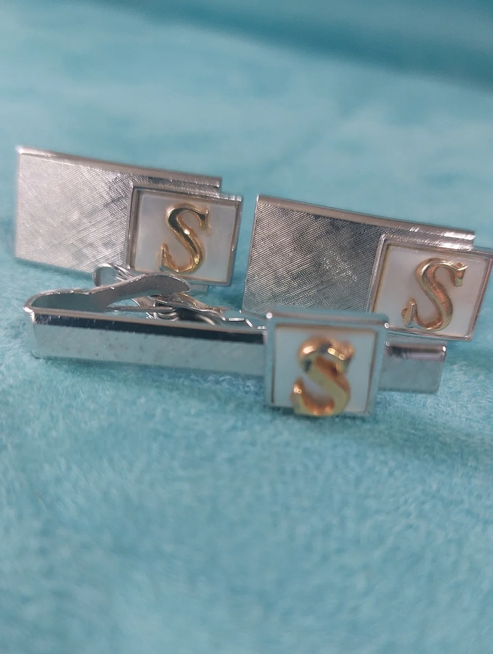 Swank Brushed Silvertone & Goldtone S Initial Cufflinks & Tie Clip Set, Vintage